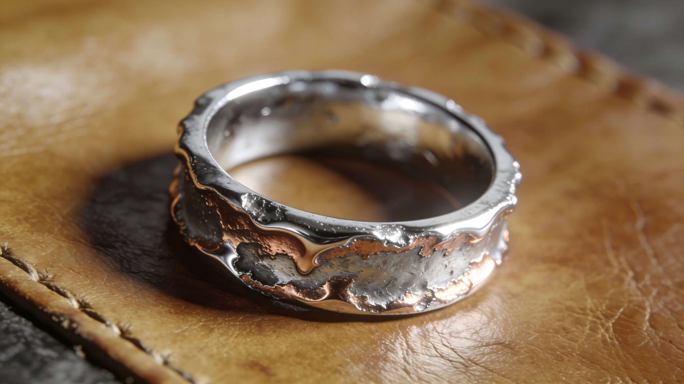 vintage silver plated ring exposed base metal macro