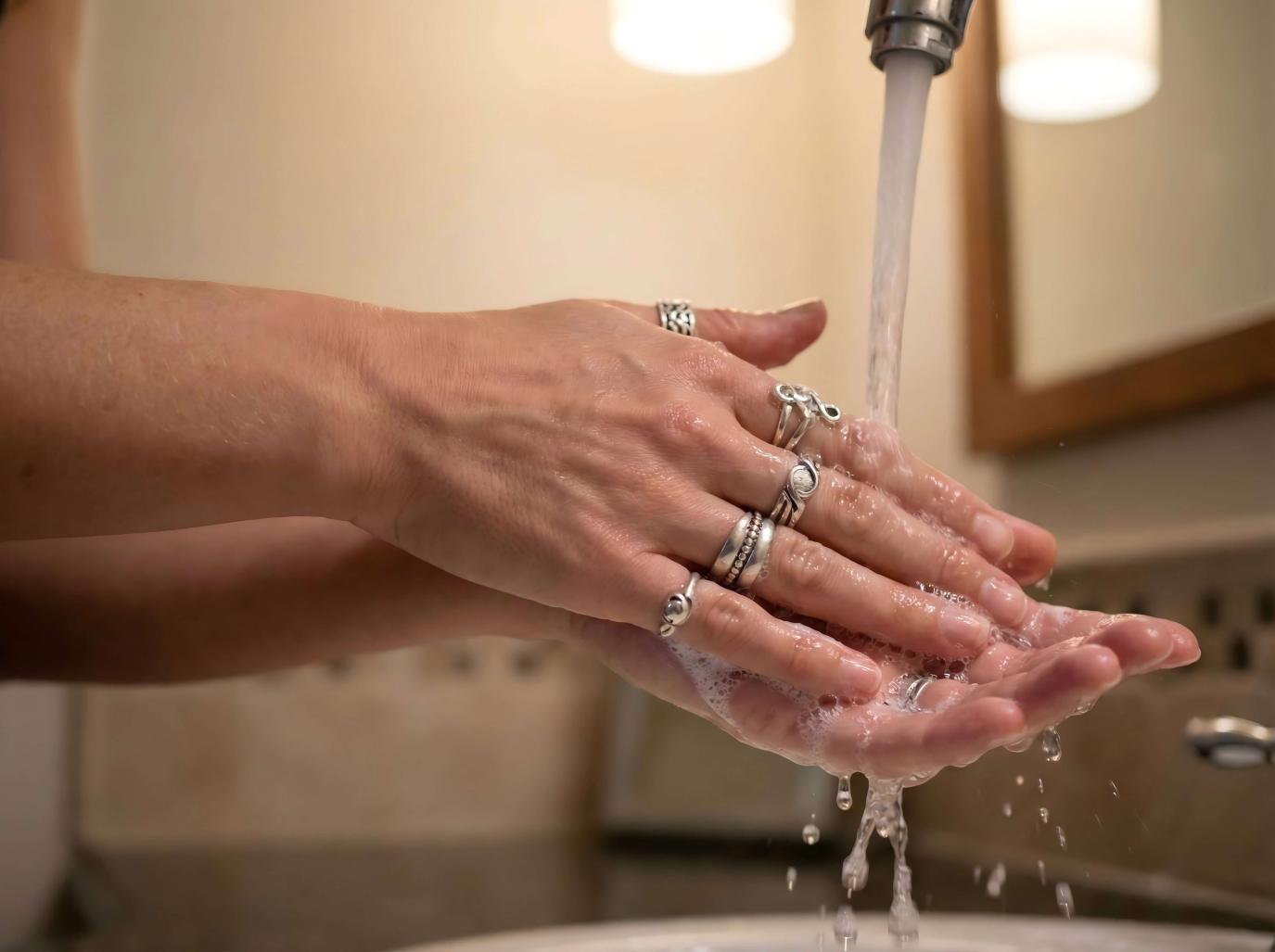 washing hands with silver plated rings water damage